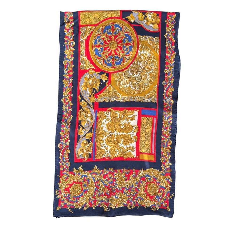 Vintage Georgiou 55 x 16 In Silk Scarf Japan Navy Red & Gold Medallion‎ Nautical - Picture 5 of 8